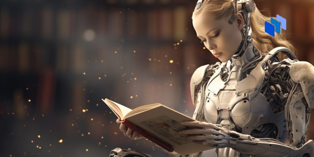 An android reading a book